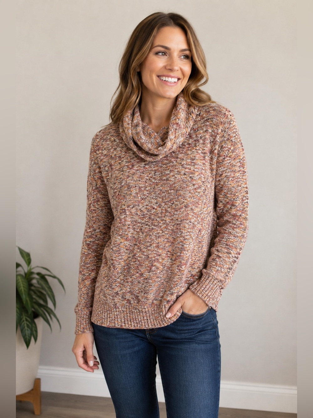 Haggar Petite Speckled Cowl Neck Sweater Size XS Cotton Blend Cottagecore Cozy